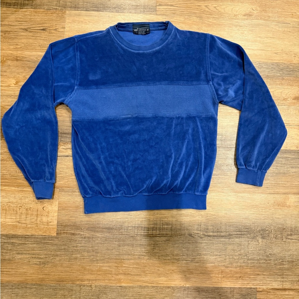 Vintage Mervyn’s Velour Sweatshirt Rib Chest Panel 80s 90s Retro Soft Blue